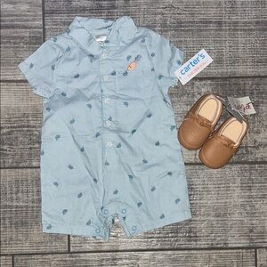 Carter's Light Blue Easter Romper with Cat & Jack Tan Moccasins 6m NWT